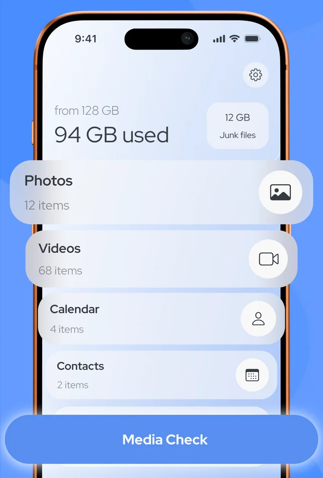 Datary home screen showing storage used and Photos, Videos, Calendar and Contacts